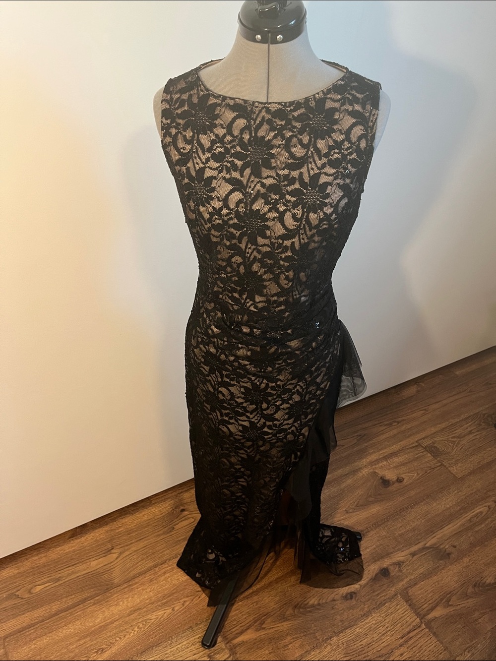 Black Lace Sequin Maxi Dress with Sheer Floral Overlay